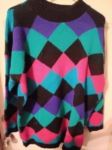 Vintage Sweater Diamond Pattern Pink Purple Teal New Addition Adele Knit XL - Picture 1 of 4