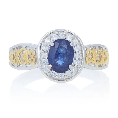 Sterling Silver Glass Filled Sapphire & Zircon Ring 925 Gold Plated 2.19ctw Halo - Image 1 of 4