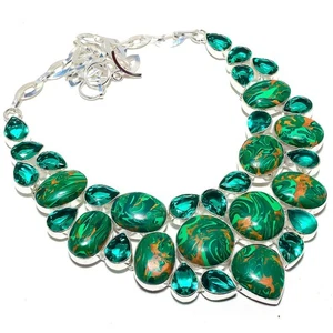 Copper Malachite, Emerald QuartzGemstone Necklace 18" d381 - Picture 1 of 6