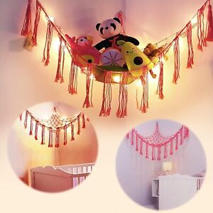 Stuffed Animal Net or Hammock with LED Light,Hanging Corner Net for Stuffed Pink