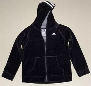 Adidas Girls Hoodie Sweater Velour Full Zip Sz 14 Black W/White Speck - Picture 1 of 3