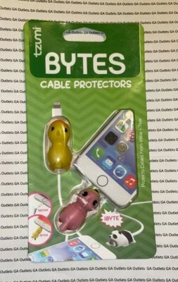 Tzumi 2 Cord Bytes Phone Cable Protectors  Yellow Duck and Pink Bird - Image 1 of 2