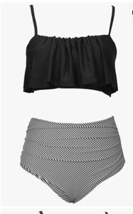 Cupshe Women’s “Falbala” Solid & Stripe Ruffled Highwaisted 2 Pc. Swimsuit Sz.0X - Picture 1 of 14