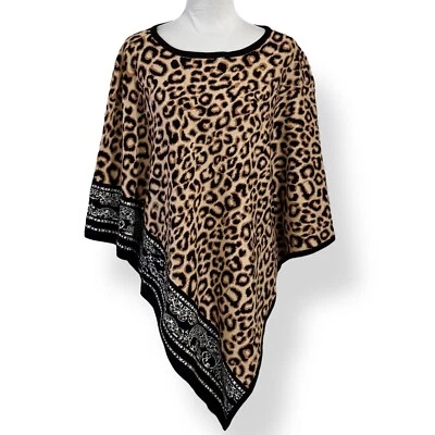 Chico’s Knit Poncho Sweater Size Large XL Brown Leopard Print Triangle Cape - Image 1 of 4