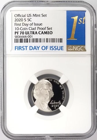 2020 S Proof Jefferson Nickel, NGC PF 70 Ultra Cameo, First Day of Issue! Cover