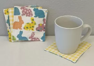 Ostern Getränk Untersetzer Wende Hase Kaninchen Gingham gelb weiß rosa 4er Set - Bild 1 von 6