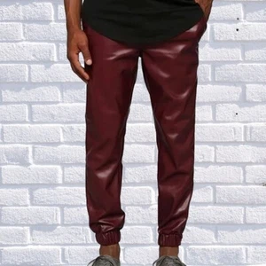 Men's Red Lambskin Leather Joggers Pant Genuine Soft Real Leather Casual Pant - Picture 1 of 4