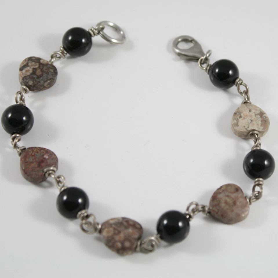 Pulsera de Plata 925 Rodiado Con Ónix Y Jaspe Marrón Corte Corazón - Imagen 1 de 1