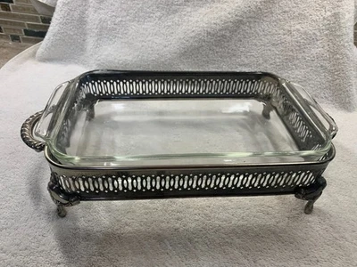 Cazuela de plata calentador de platos buffet Pyrex inserto de vidrio #432 Foto 1 de 3