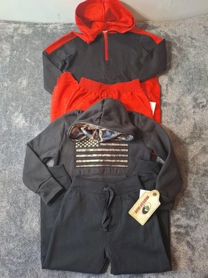 4 Pc Boys Hoodie Sweat Suit Jogger Sets 4 Black Red Mossy Oak Flag Play Active - Image 1 of 4