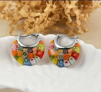 Multicolor Murano Floral Basket Style Glass Earrings Luxury Stainless Steel 316L - Image 1 of 4