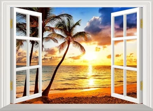 Pegatina de pared para ventana falsa de playa mural calcomanía de pared pegatina y pelar - 32"x24" J05 Foto 1 de 4