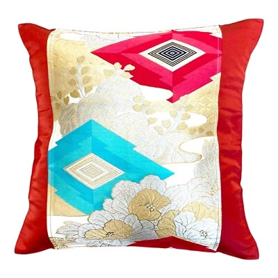 Funda de Almohada Obi Kimono Japonés Brillante 18" Hecha a Mano/Rojo/Flor F/S 290 Foto 1 de 4