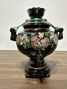 Urna de café de té rusa de cerámica pintada a mano negra con flores - Imagen 1 de 7