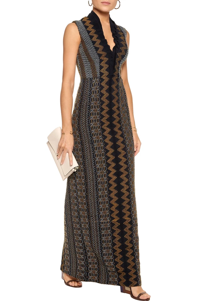 Maxi Vestido de Diseñador TORY BURCH Azul Marino Calado Crepé de China Borde con Volantes 4 EE. UU. Foto 1 de 4