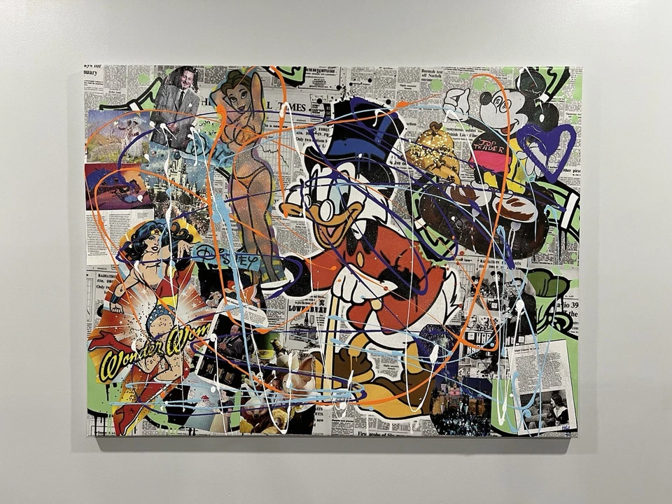 Pintura de medios mixtos de artista local 1/1 HGI FL Pato Donald Scrooge Walt Disney Pop Foto 1 de 4