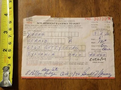 DE COLECCIÓN 1970 ONTARIO LICENCIA DE NO RESIDENTES PARA CAZAR CAZA  Foto 1 de 2