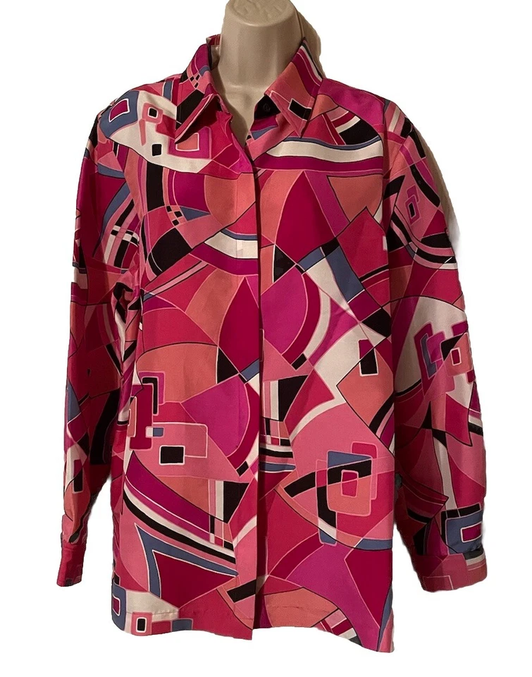 Blusa Top Rosa Manga Larga Para Mujer Geométrica 100% Seda Arte Camisa Top Talla L Foto 1 de 4
