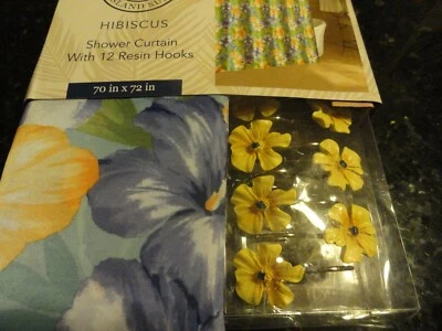 Caribbean Joe Colorido Hibisco Tropical Amarillo 12 GANCHOS Tela Cortina de Ducha Foto 1 de 4