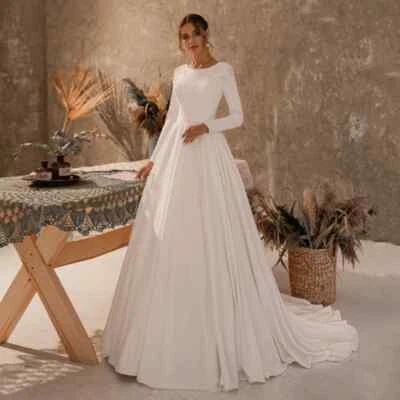 Elegant Wedding Dresses Round Neck Long Sleeves Beading Pearls Buttons A Line  - Image 1 of 4