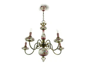 Flemish Dutch  Chandelier  5 Arms Lights Ceramic Porcelain Brass Italian Style  - Picture 1 of 10