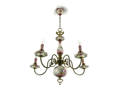 Flemish Dutch  Chandelier  5 Arms Lights Ceramic Porcelain Brass Italian Style Cover
