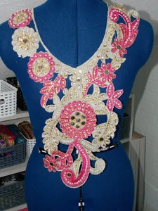 mirror pink gold crystal sequin lace collar YOKE chest applique motif asian - Picture 1 of 1
