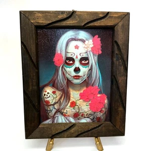 Vintage Mexican Day of the Dead Woman Portrait Textured Print in Wood Frame - Picture 1 of 3