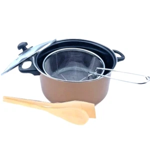 5pc Non Stick Chip Pan Deep Fat Fryer Cooking Pot Frying Basket W Lid Set 24cm - Picture 1 of 8