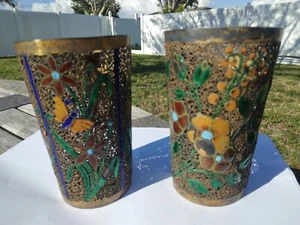 PAIR ANTIQUE STERLING SILVER LARGE FILIGREE TUMBLERS CLOISONNE ENAMELED VERMEIL - Picture 1 of 15