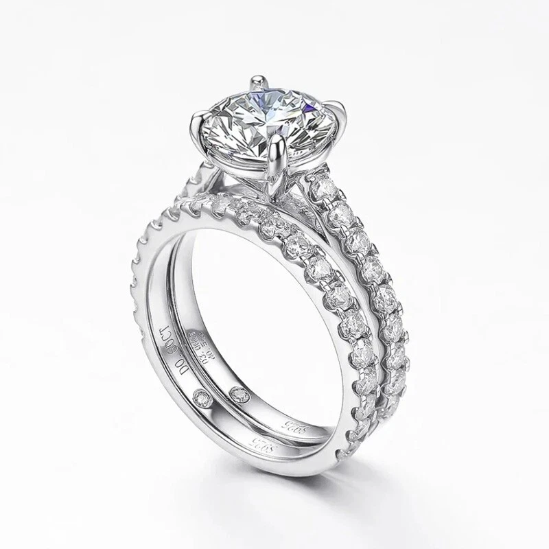 Full Real Round Cut Moissanite Ring Set Eternity Band 925 Sterling Silver GRA - Image 1 of 4