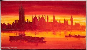 Pintura al óleo de mediados de siglo del Palacio de Westminster, puesta de sol ardiente de Londres, firmada - Imagen 1 de 7