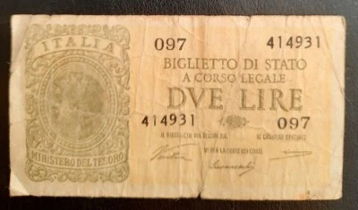 1935-noviembre 1944 ITALIA SEGUNDA GUERRA MUNDIAL, billete, 2 liras DVE LIRE, MAGGIO #O97 414931, circulado  Foto 1 de 2