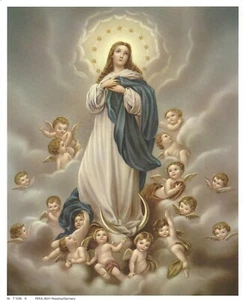 Catholic Print Picture ASSUMPTION of Blessed Virgin Mary w/ 16 angels 8x10" - Picture 1 of 1