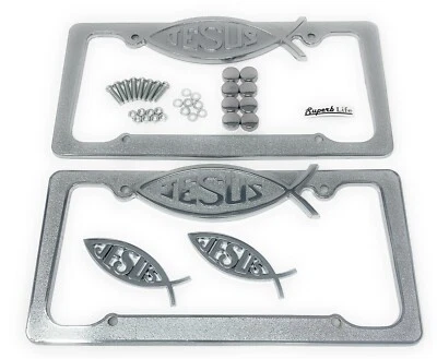 Marcos de matrícula de metal de diseño cristiano Jesus Fish, 2 piezas con 2 pegatinas 3D Foto 1 de 4