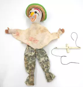 Vintage 1970s Clown Wooden String Puppet Marionette Toy 13" STRAW HAT READ DESCR - Picture 1 of 9