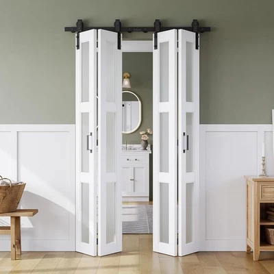 Puerta de granero plegable SMARTSTANDARD 56 pulgadas x 84 pulgadas, puerta de granero de vidrio esmerilado, blanca Foto 1 de 4