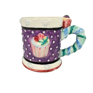 Cupcake Becher lila handbemalt 3D Keramik 4,5" T hält 16oz - Bild 1 von 8