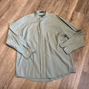 Men's Vintage Domani 90s Band Collar Shirt L Sage Placket Cover Rayon Blend - Picture 1 of 5