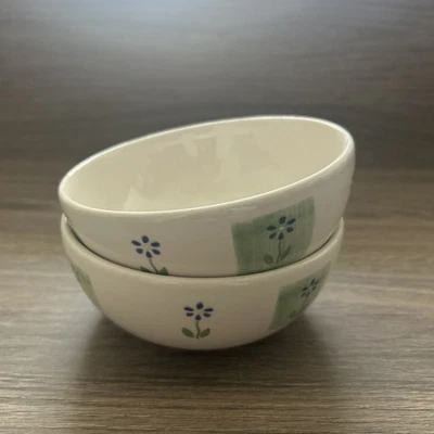 White And Green Ceramic Bowls With Blue Daisy Design Set Of 2 Home Kitchen - Image 1 of 4