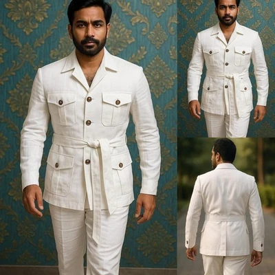 Chaqueta de safari blanca para hombre con cinturón de lino verano playa caza chaqueta blazer Foto 1 de 4
