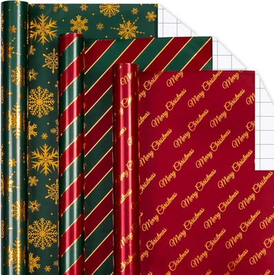 Shiny Christmas Wrapping Paper - 17In X 120In per Roll - Classic Red & Green Str - Image 1 of 4