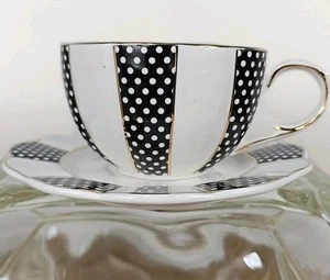 Grace Teaware Josephine Black Stripes & Dots Porcelain Tea Cup & Saucer EUC - Picture 1 of 17