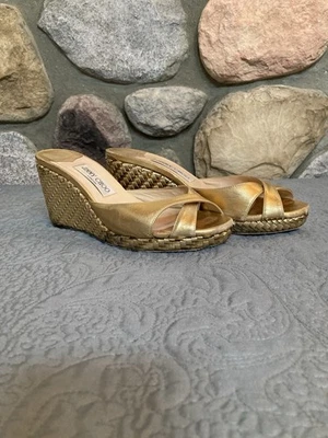 Jimmy Choo London Almer 金属编织皮革高跟鞋楔形凉鞋 西班牙 40.5 — 第 1/4 张图片