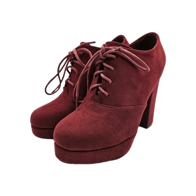 Women’s Sz 6 Burgundy Suede Platform LaceUp Chunky Block Heel Oxford Booties - Image 1 of 4