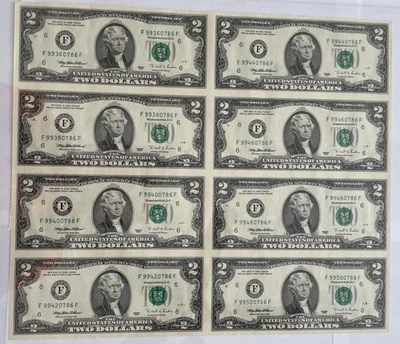 1995 Uncut Sheet of 8 $2 Federal Reserve Notes UNC Atlanta FW Ships in Tube - Image 1 of 2