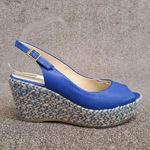 LK Bennett Slingback Shoes Blue 41 UK 8 Leather 3.5" Wedge Heel Peep Toe - Picture 1 of 12