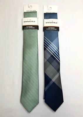 NEW Lot of 2 Van Heusen Stain Defense Ties Green Blue Striped One Size $90 — 第 1/2 张图片