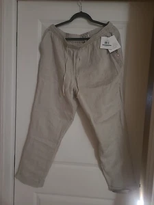 100% Linen Elastic Waist Drawstring Pull On Pants Khaki Large - Picture 1 of 7