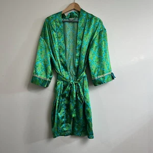 Kathryn Robe Woman Medium Green Paisley Belted Tie Knee Length Silky Glam Pajama - Picture 1 of 8